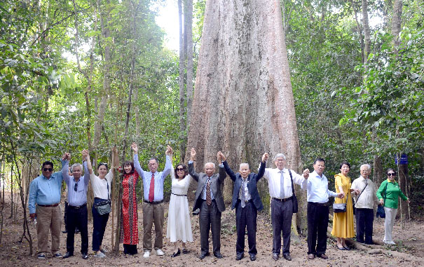 A group of people standing in front of a treeDescription automatically generated