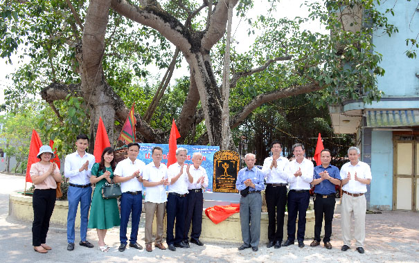 A group of people standing in front of a treeDescription automatically generated