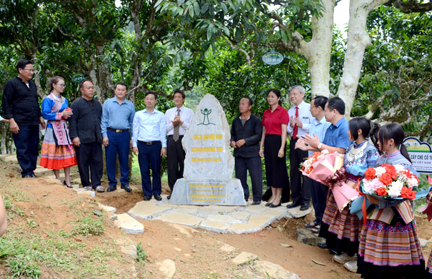 A group of people standing around a grave stoneDescription automatically generated
