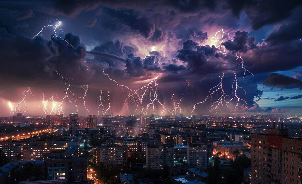 Lightning lighting in the sky over a cityDescription automatically generated